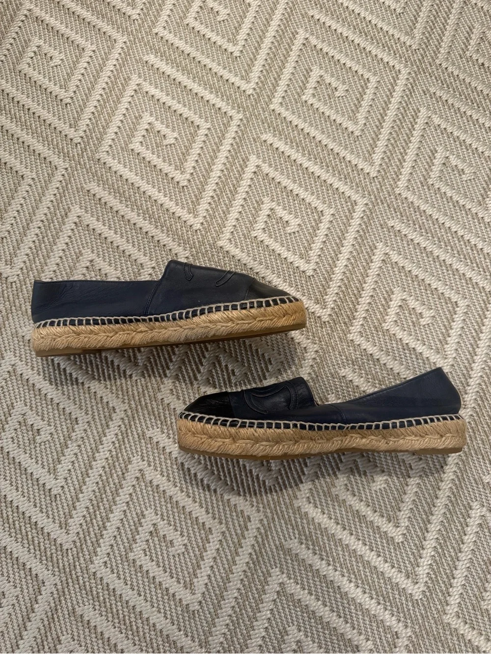 Chanel Navy and Black Leather Espadrille Loafers - Picture 5 of 6